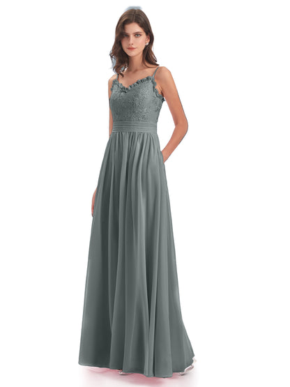 Madison A-line Spaghetti Straps Lace Long Bridesmaid Dresses