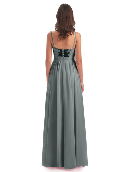 Madison A-line Spaghetti Straps Lace Long Bridesmaid Dresses