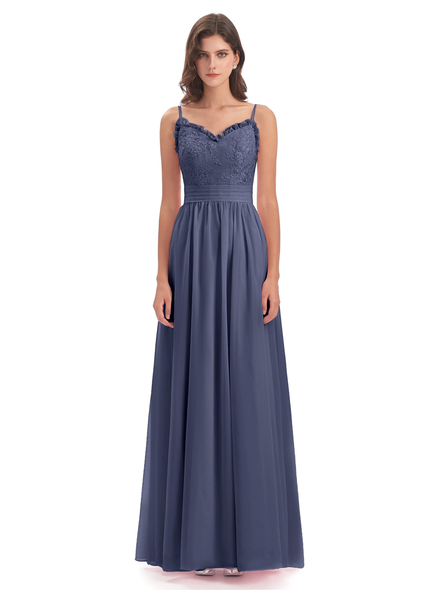 Madison A-line Spaghetti Straps Lace Long Bridesmaid Dresses