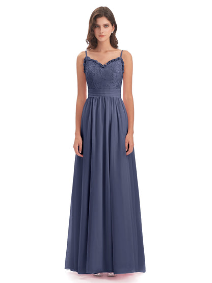 Madison A-line Spaghetti Straps Lace Long Bridesmaid Dresses