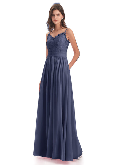 Madison A-line Spaghetti Straps Lace Long Bridesmaid Dresses
