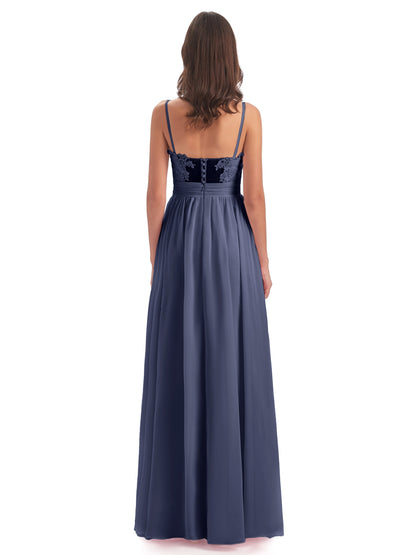 Madison A-line Spaghetti Straps Lace Long Bridesmaid Dresses