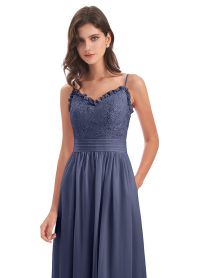 Madison A-line Spaghetti Straps Lace Long Bridesmaid Dresses