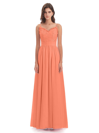 Madison A-line Spaghetti Straps Lace Long Bridesmaid Dresses