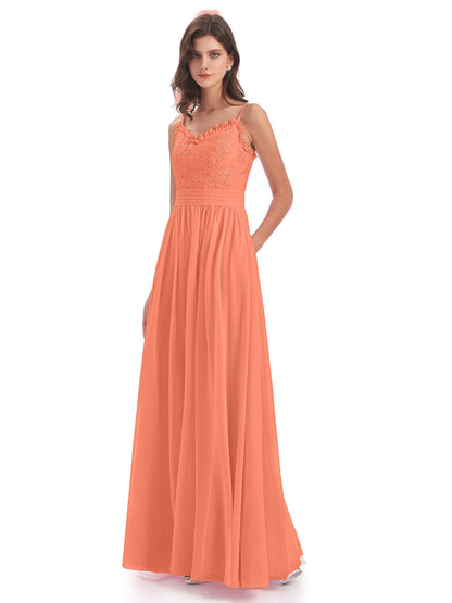 Madison A-line Spaghetti Straps Lace Long Bridesmaid Dresses