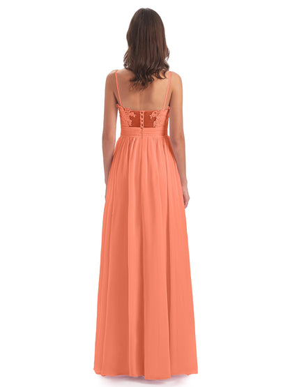Madison A-line Spaghetti Straps Lace Long Bridesmaid Dresses