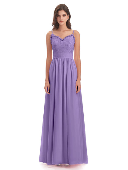 Madison A-line Spaghetti Straps Lace Long Bridesmaid Dresses