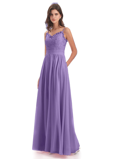 Madison A-line Spaghetti Straps Lace Long Bridesmaid Dresses