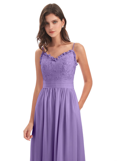 Madison A-line Spaghetti Straps Lace Long Bridesmaid Dresses