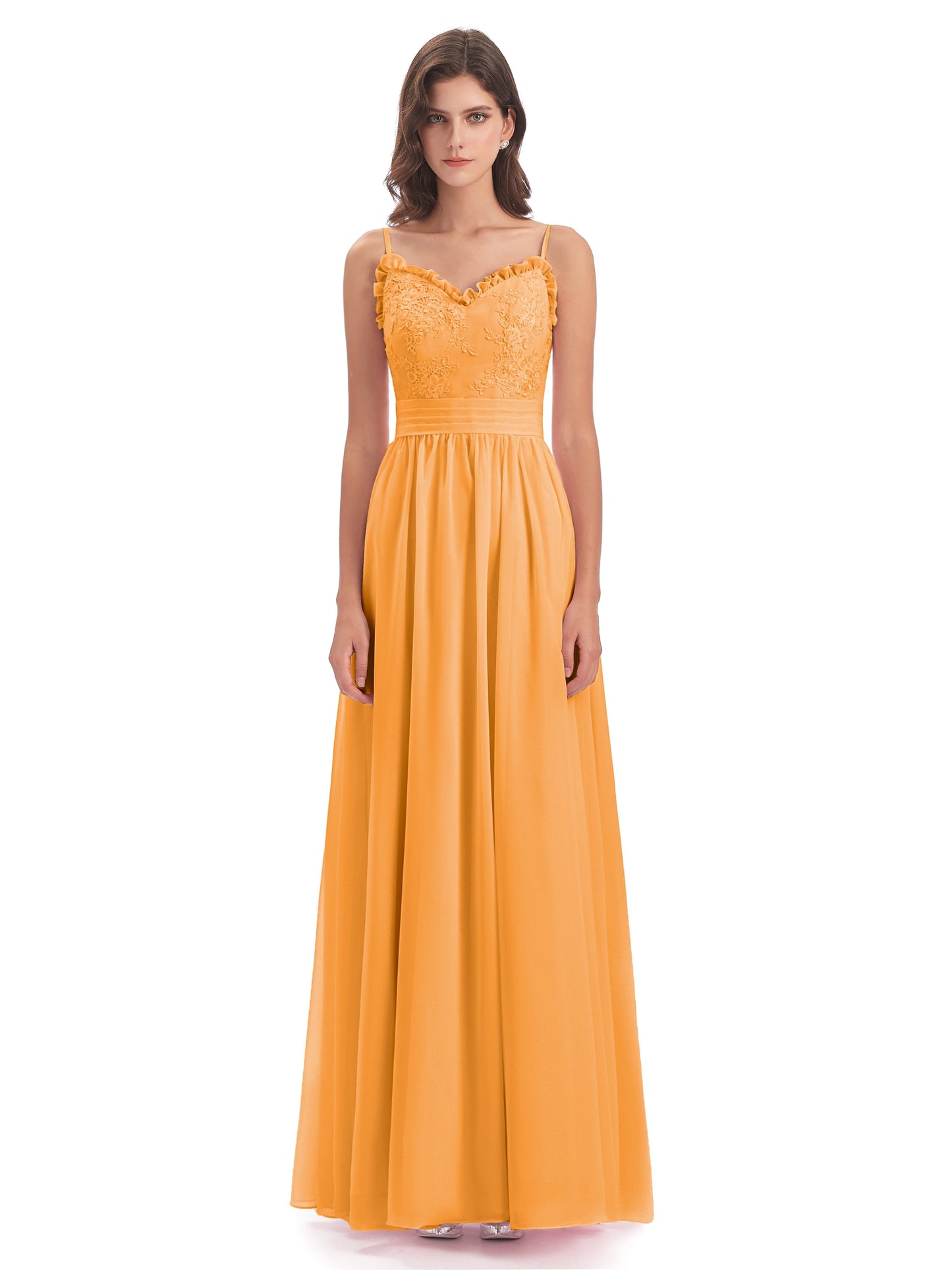 Madison A-line Spaghetti Straps Lace Long Bridesmaid Dresses