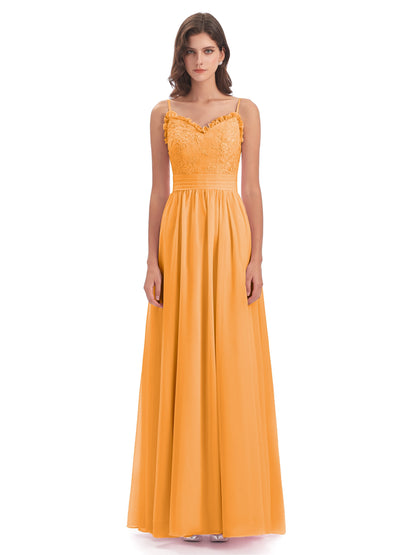 Madison A-line Spaghetti Straps Lace Long Bridesmaid Dresses
