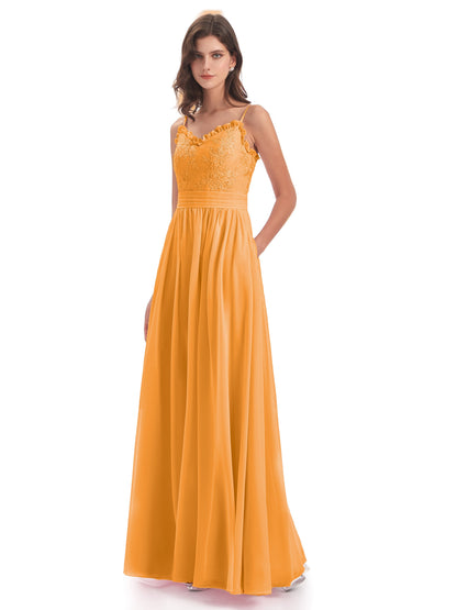 Madison A-line Spaghetti Straps Lace Long Bridesmaid Dresses