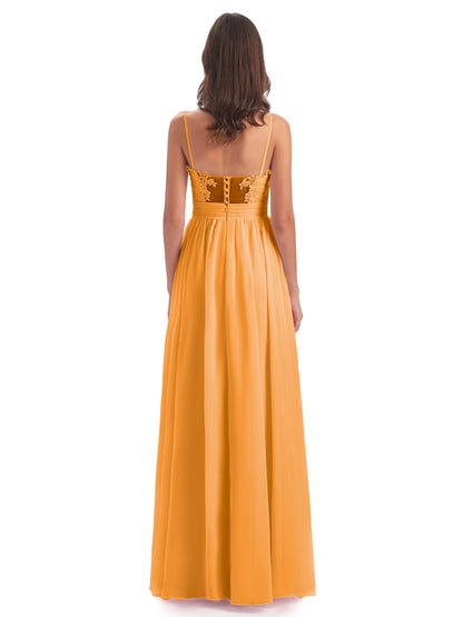 Madison A-line Spaghetti Straps Lace Long Bridesmaid Dresses