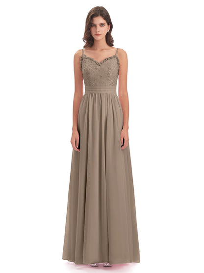 Madison A-line Spaghetti Straps Lace Long Bridesmaid Dresses