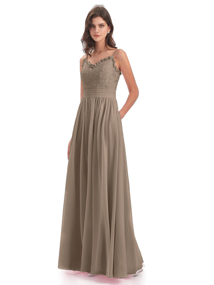 Madison A-line Spaghetti Straps Lace Long Bridesmaid Dresses