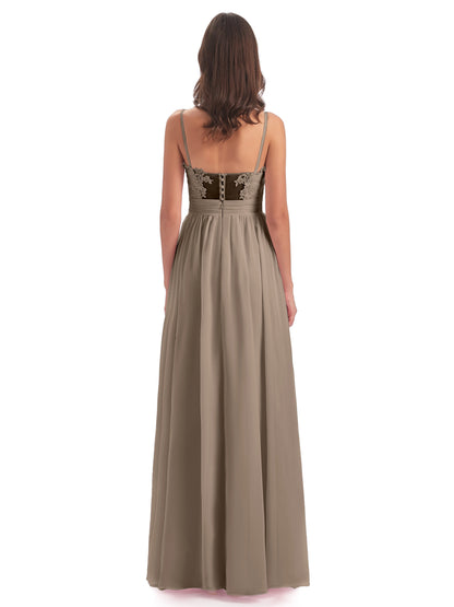 Madison A-line Spaghetti Straps Lace Long Bridesmaid Dresses