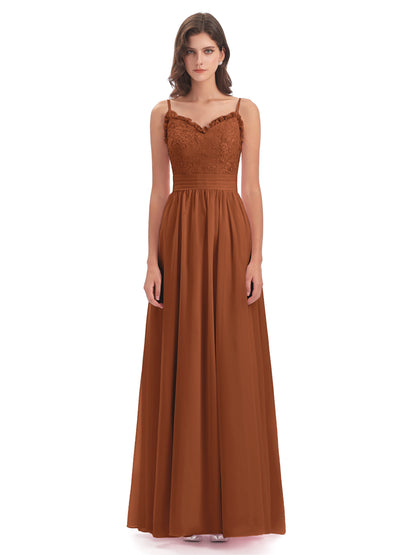 Madison A-line Spaghetti Straps Lace Long Bridesmaid Dresses