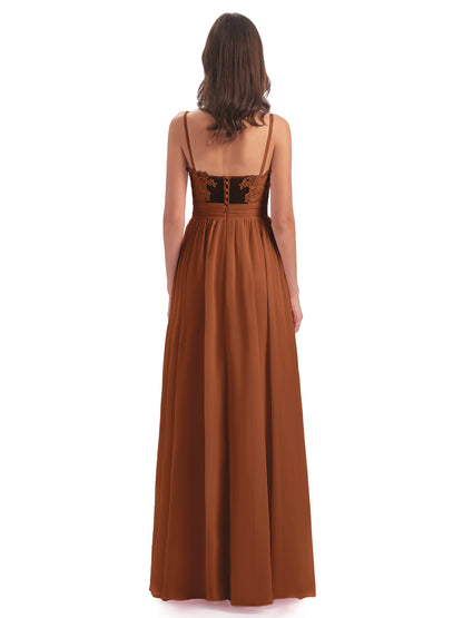 Madison A-line Spaghetti Straps Lace Long Bridesmaid Dresses