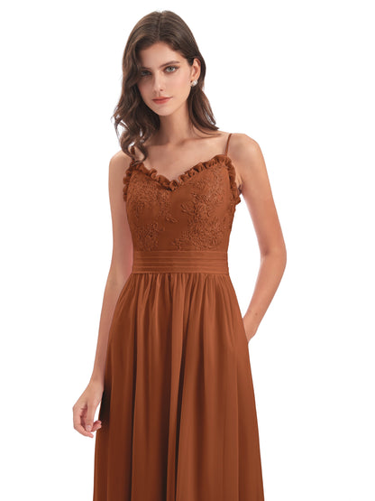 Madison A-line Spaghetti Straps Lace Long Bridesmaid Dresses