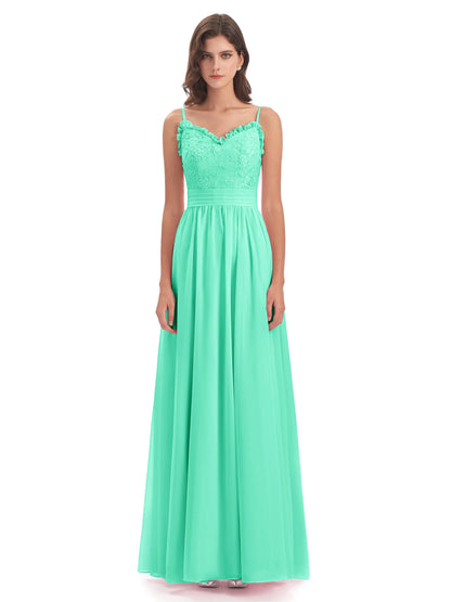 Madison A-line Spaghetti Straps Lace Long Bridesmaid Dresses