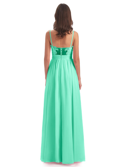 Madison A-line Spaghetti Straps Lace Long Bridesmaid Dresses