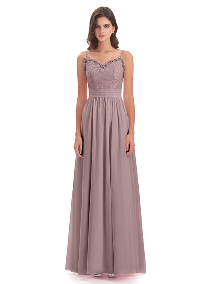 Madison A-line Spaghetti Straps Lace Long Bridesmaid Dresses