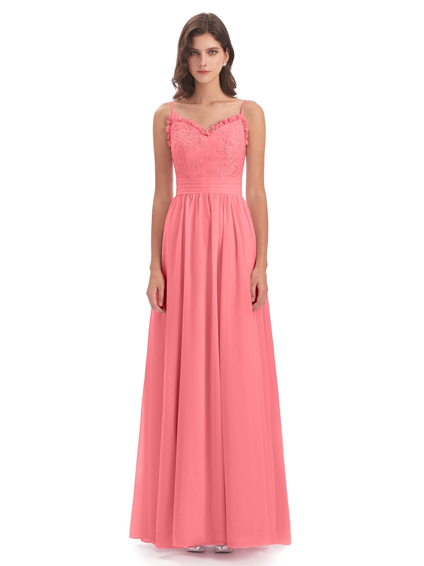 Madison A-line Spaghetti Straps Lace Long Bridesmaid Dresses