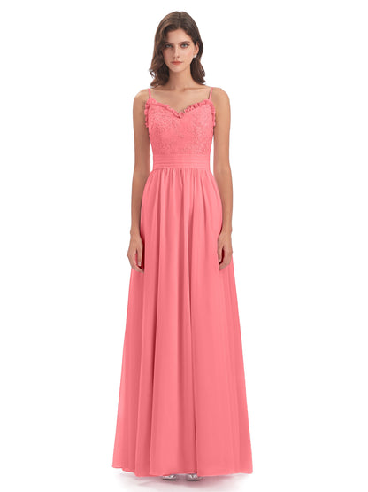 Madison A-line Spaghetti Straps Lace Long Bridesmaid Dresses