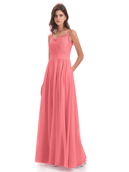 Madison A-line Spaghetti Straps Lace Long Bridesmaid Dresses