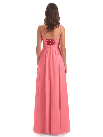 Madison A-line Spaghetti Straps Lace Long Bridesmaid Dresses