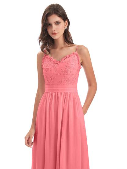 Madison A-line Spaghetti Straps Lace Long Bridesmaid Dresses