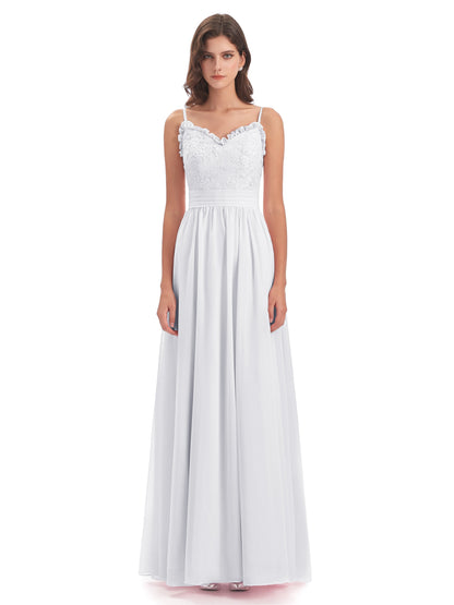 Madison A-line Spaghetti Straps Lace Long Bridesmaid Dresses