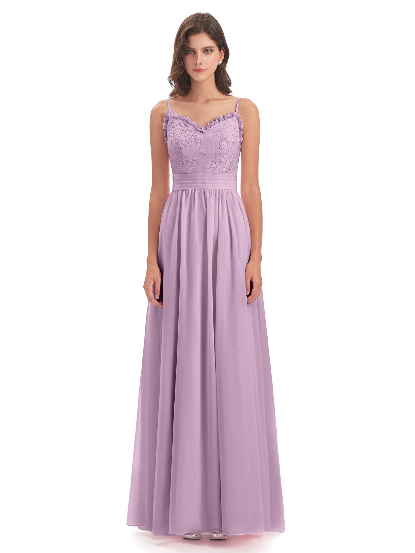 Madison A-line Spaghetti Straps Lace Long Bridesmaid Dresses