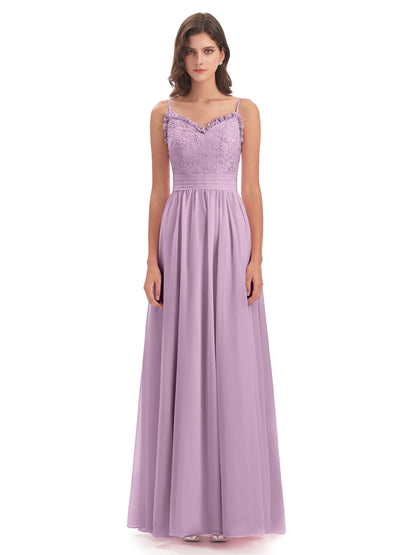 Madison A-line Spaghetti Straps Lace Long Bridesmaid Dresses