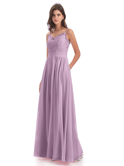 Madison A-line Spaghetti Straps Lace Long Bridesmaid Dresses