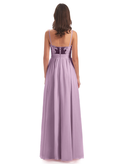 Madison A-line Spaghetti Straps Lace Long Bridesmaid Dresses