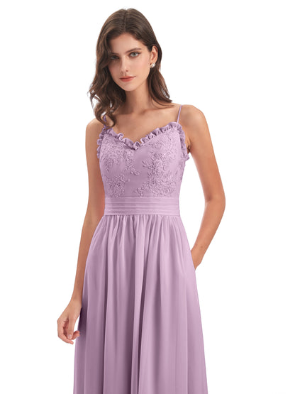 Madison A-line Spaghetti Straps Lace Long Bridesmaid Dresses