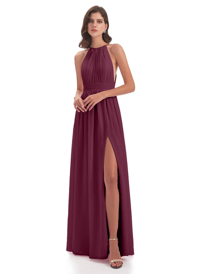 Marlowe Floor Length Halter Split Chiffon Bridesmaid Dresses