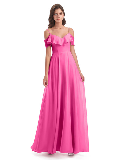 Miya A-line Floor Length Spaghetti Straps Ruffles Long Bridesmaid Dresses