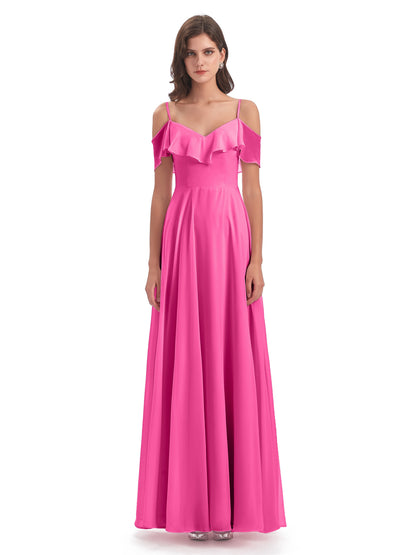 Miya A-line Floor Length Spaghetti Straps Ruffles Long Bridesmaid Dresses