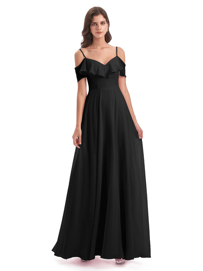 Miya A-line Floor Length Spaghetti Straps Ruffles Long Bridesmaid Dresses