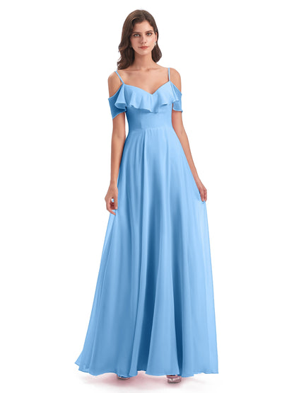 Miya A-line Floor Length Spaghetti Straps Ruffles Long Bridesmaid Dresses
