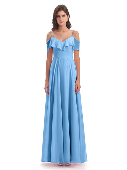 Miya A-line Floor Length Spaghetti Straps Ruffles Long Bridesmaid Dresses
