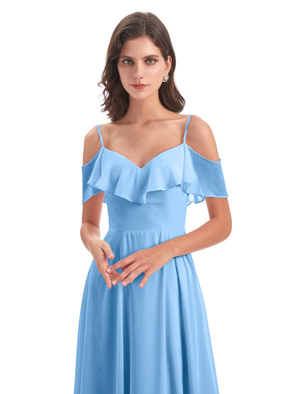 Miya A-line Floor Length Spaghetti Straps Ruffles Long Bridesmaid Dresses