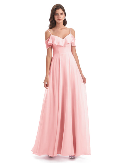 Miya A-line Floor Length Spaghetti Straps Ruffles Long Bridesmaid Dresses
