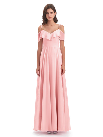 Miya A-line Floor Length Spaghetti Straps Ruffles Long Bridesmaid Dresses