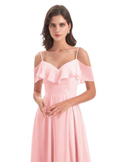 Miya A-line Floor Length Spaghetti Straps Ruffles Long Bridesmaid Dresses