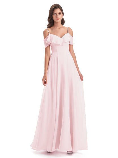 Miya A-line Floor Length Spaghetti Straps Ruffles Long Bridesmaid Dresses