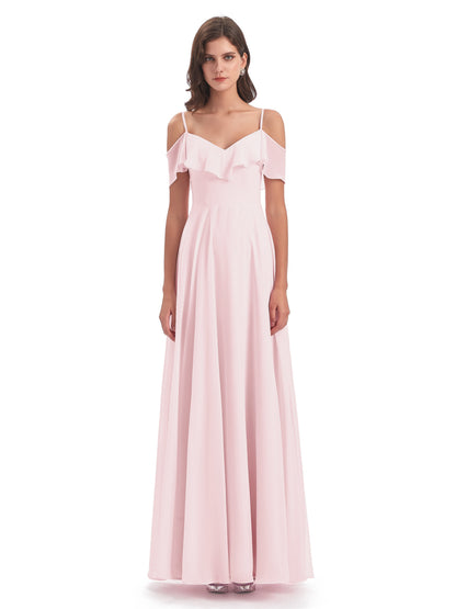 Miya A-line Floor Length Spaghetti Straps Ruffles Long Bridesmaid Dresses