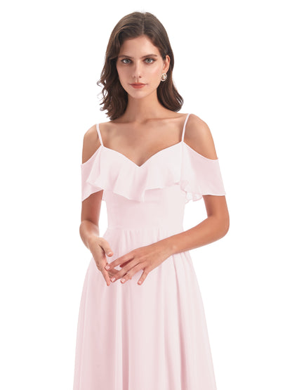 Miya A-line Floor Length Spaghetti Straps Ruffles Long Bridesmaid Dresses